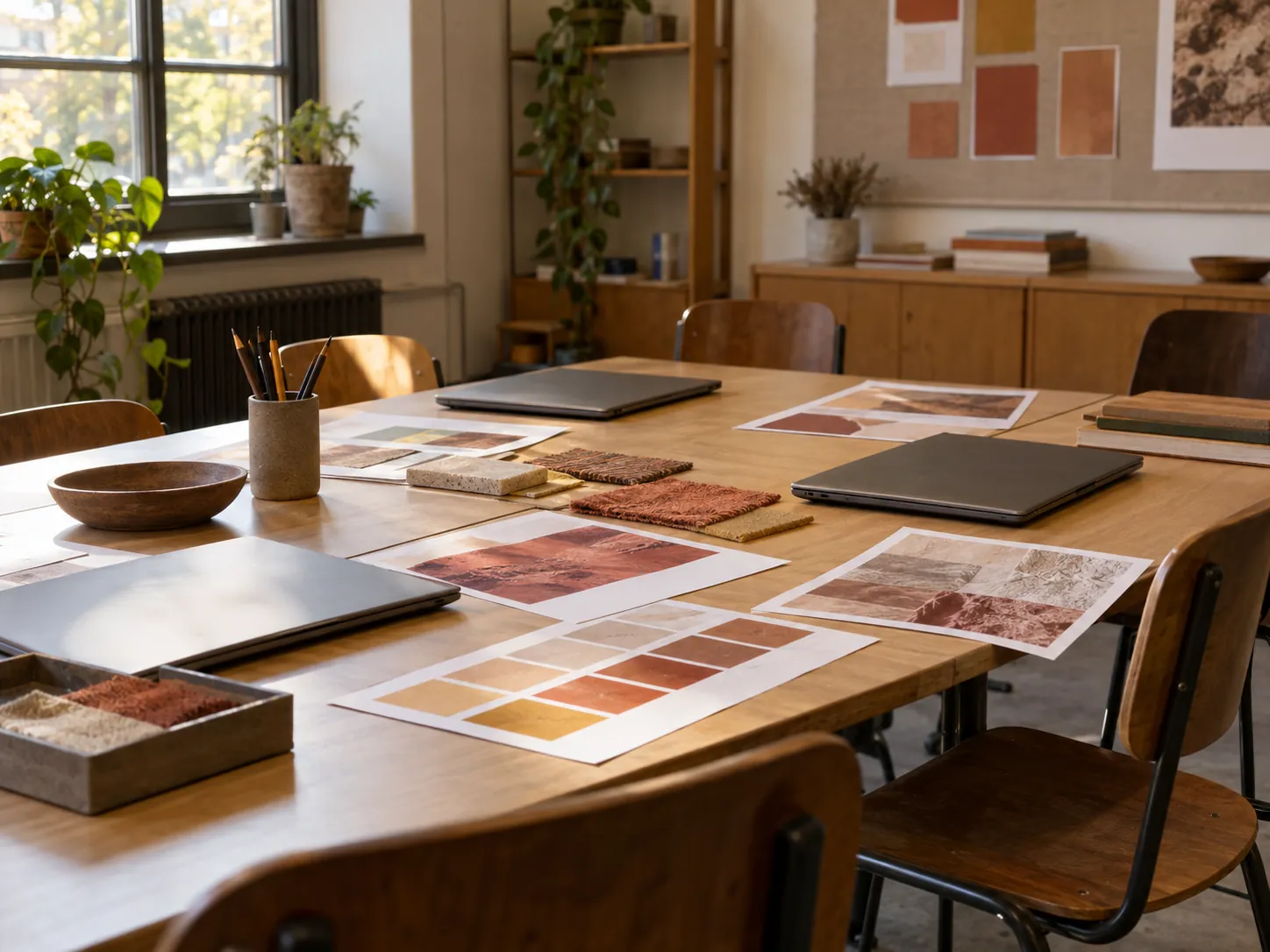 A long table with material samples, colour prints and two closed laptops