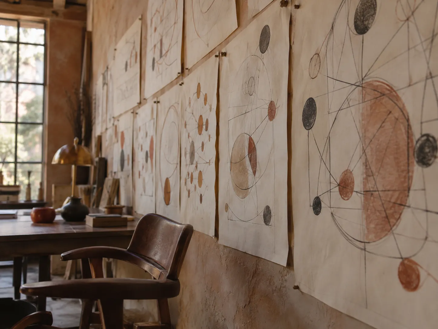 Hand-drawn sheets pinned to the wall of a room, one next to the other