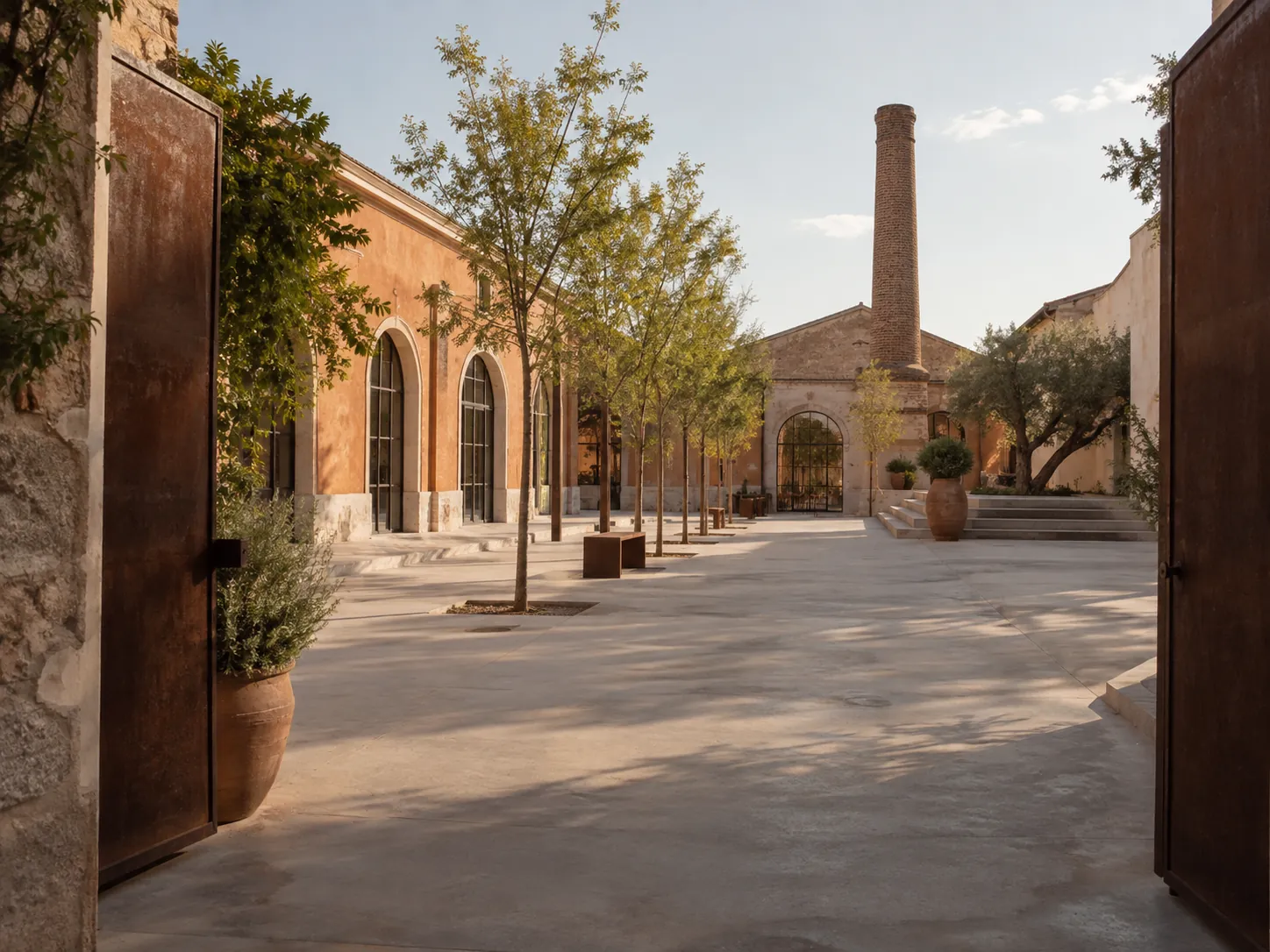 Il cortile di un vecchio stabilimento, con la ciminiera e gli alberi piantati fra i capannoni