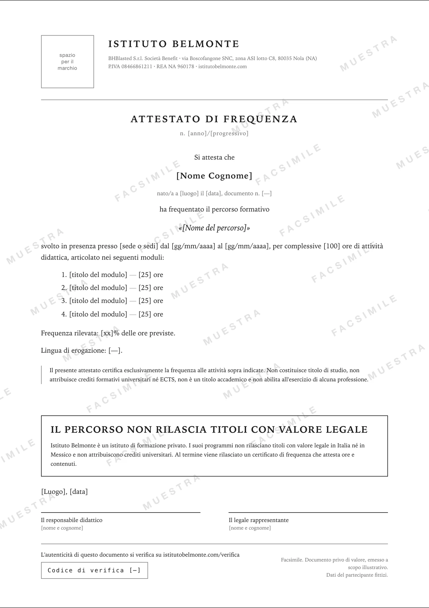 Facsimile dell'attestato di frequenza, con la filigrana FACSIMILE