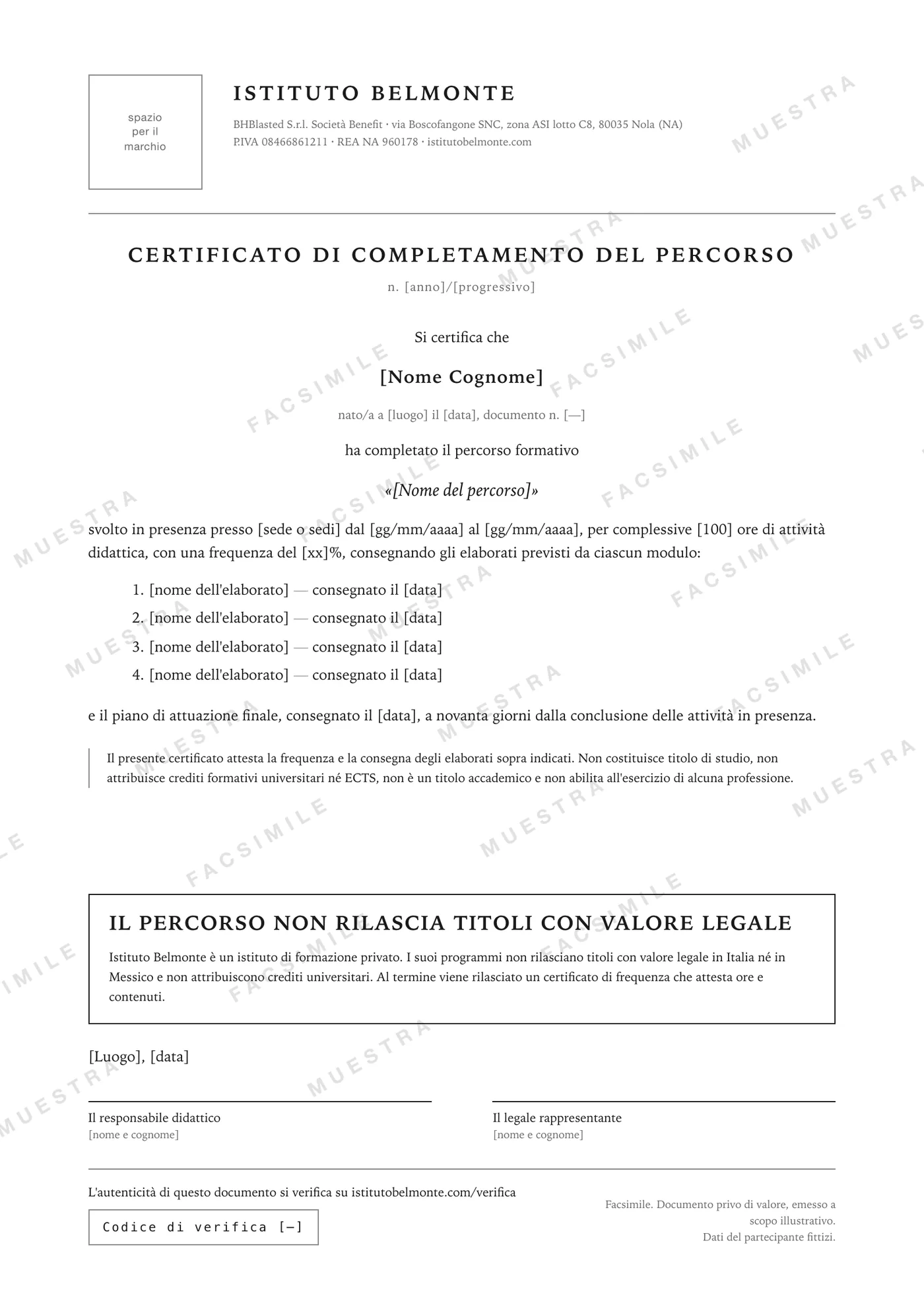 Facsimile del certificato di completamento, con la filigrana FACSIMILE