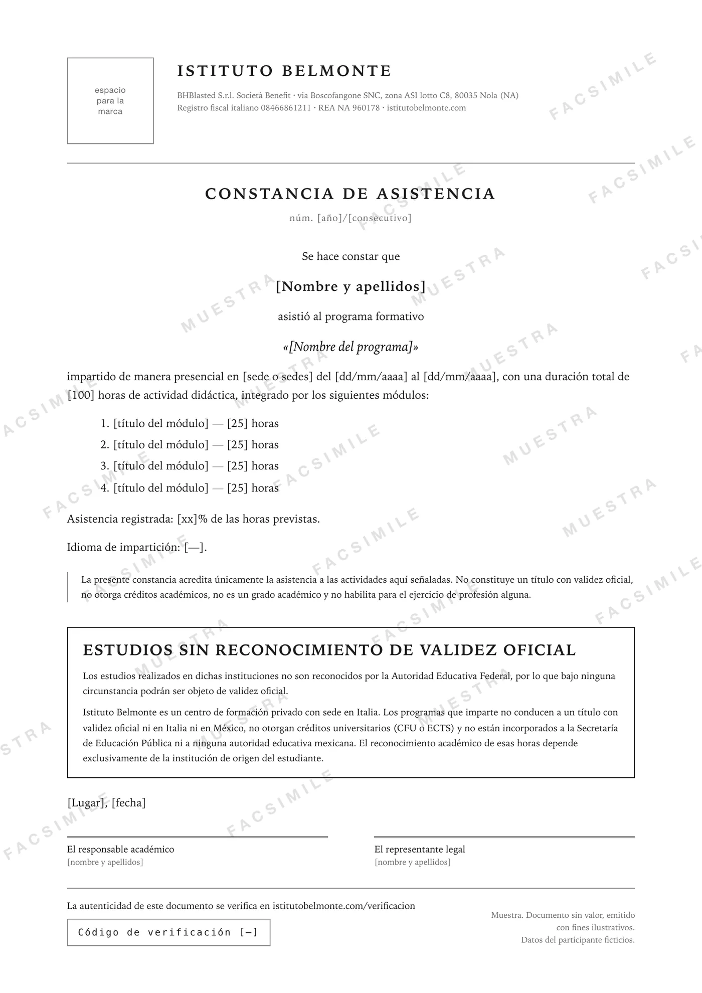 Facsímil de la constancia de asistencia, con la marca de agua MUESTRA