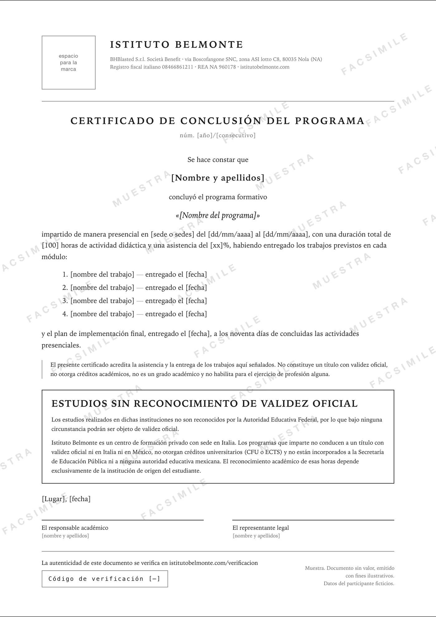 Facsímil del certificado de conclusión, con la marca de agua MUESTRA